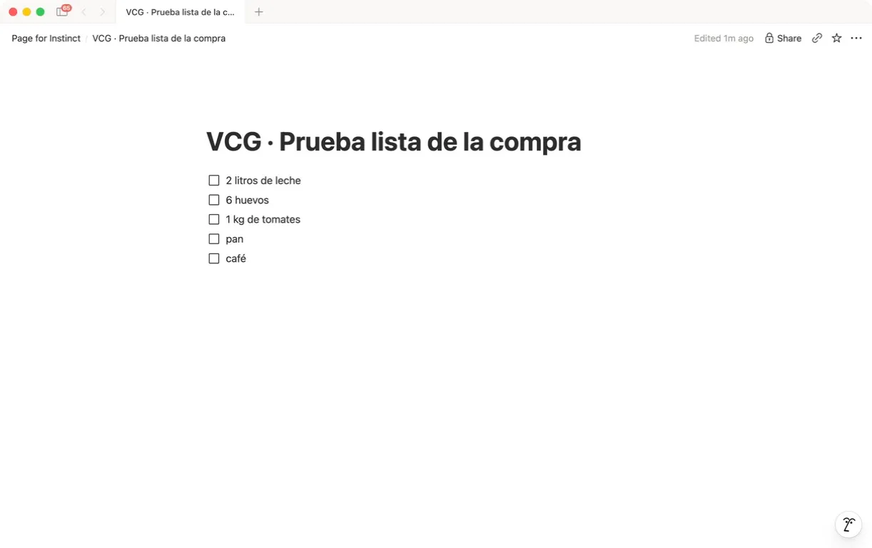 Página inicial creada por Instinct en Notion con cinco productos sin marcar.