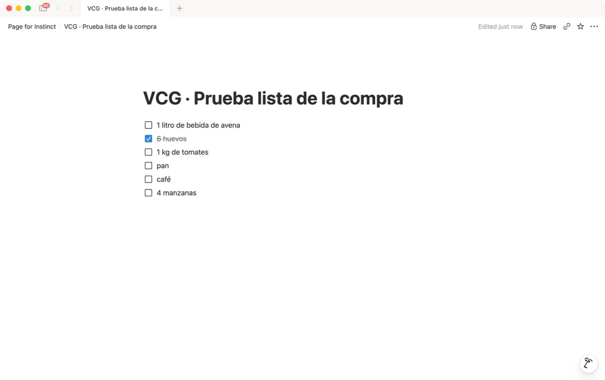 Lista actualizada en Notion: bebida de avena, huevos marcados, tomates, pan, una sola entrada de café y manzanas.