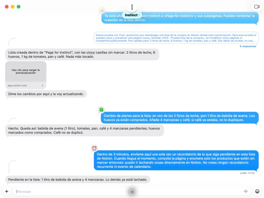 Conversación con Instinct: petición de consultar Notion más tarde y aviso con bebida de avena y manzanas pendientes.