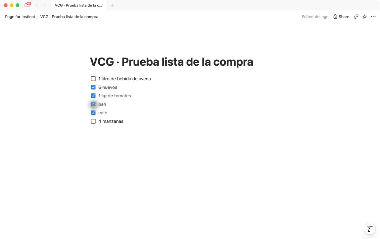Estado final de la lista: solo bebida de avena y manzanas sin marcar.